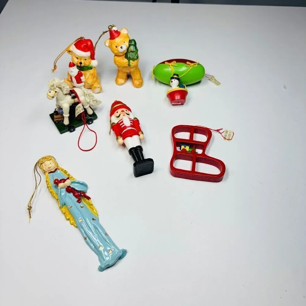 Vintage Mixed Christmas Ornament Lot — Nutcracker, Bears, Angel, Rocking Horse &